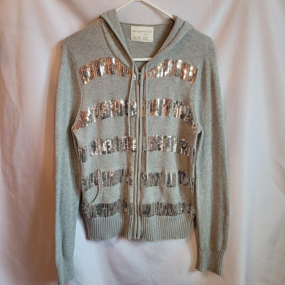 Aeropostale Women's Size XL Hooded Sweater Gray Silver Sequin Full Zip Hoodie
